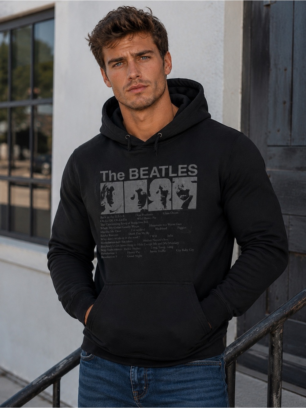 The Beatles Black Graphic Pullover Hoodie for Men
